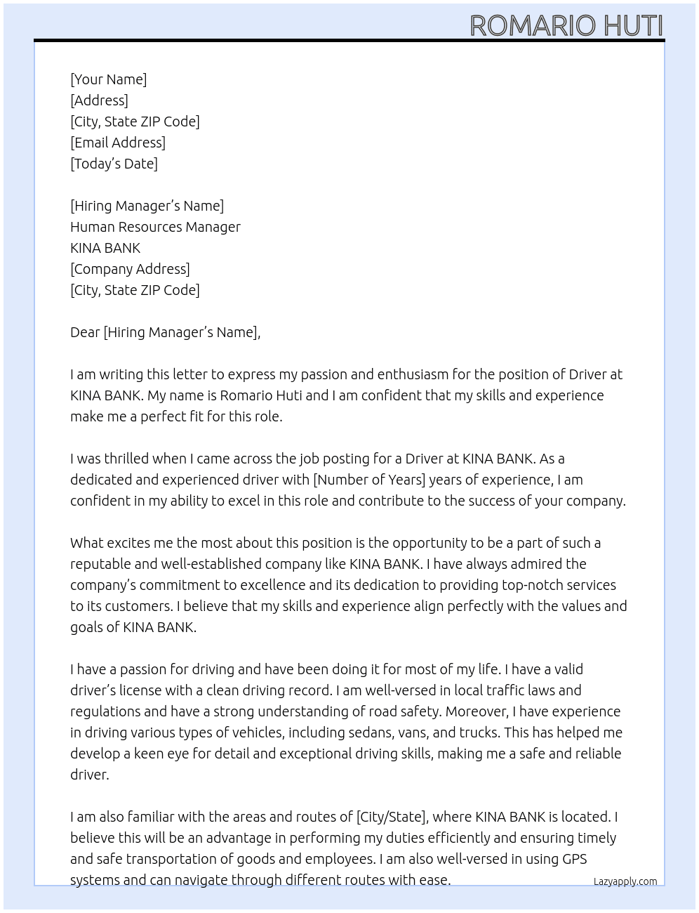 Driver At KINA BANK Cover Letter
