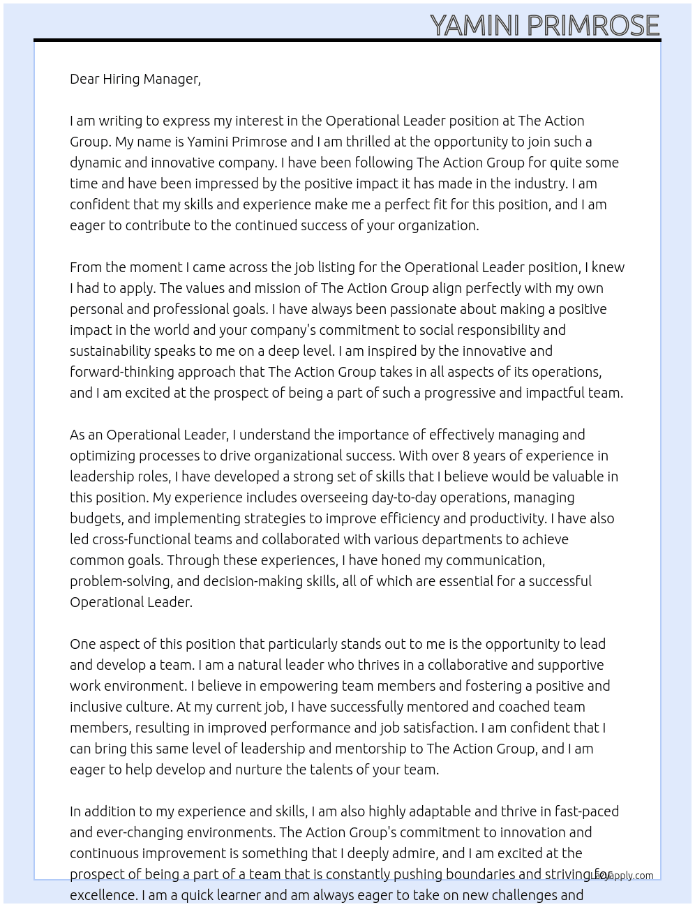 Operational Leader At The Action Group Cover Letter