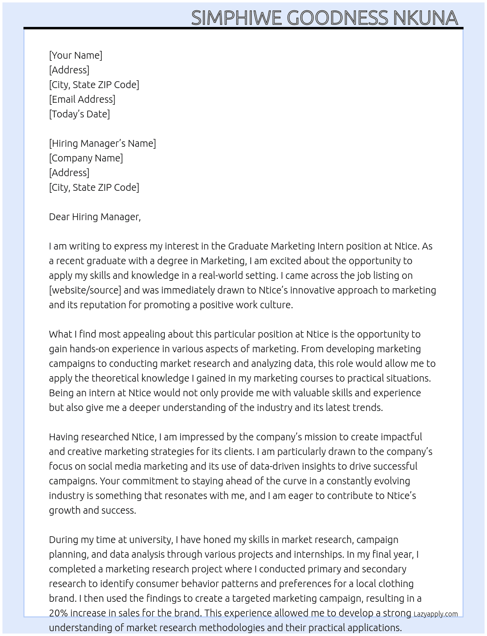 Graduate Marketing Intern  At Ntice  Cover Letter