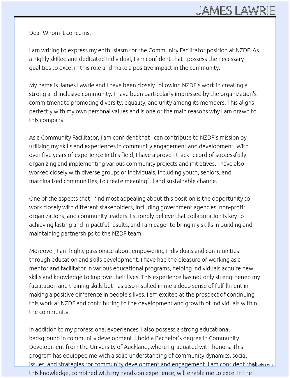 Community Facilitator At NZDF Cover Letter