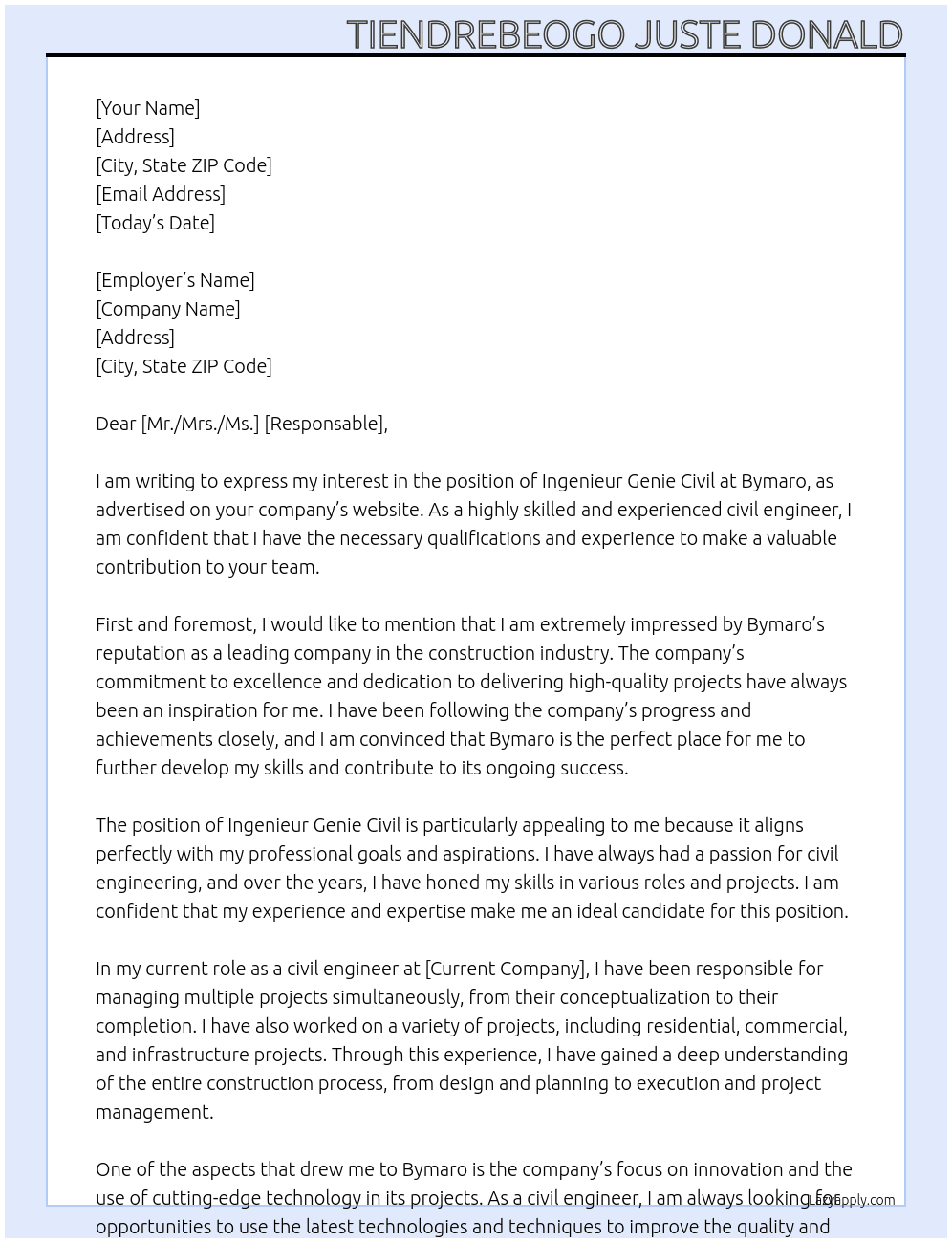 ingenieur genie civil At bymaro Cover Letter
