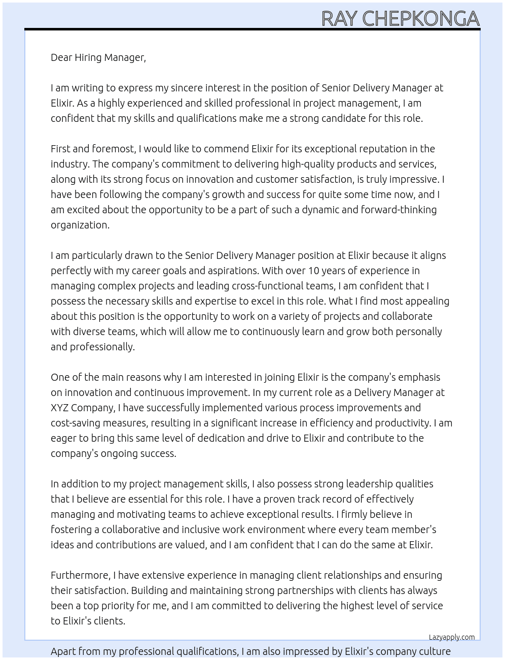 Senior Delivery Manager At Elixir Cover Letter