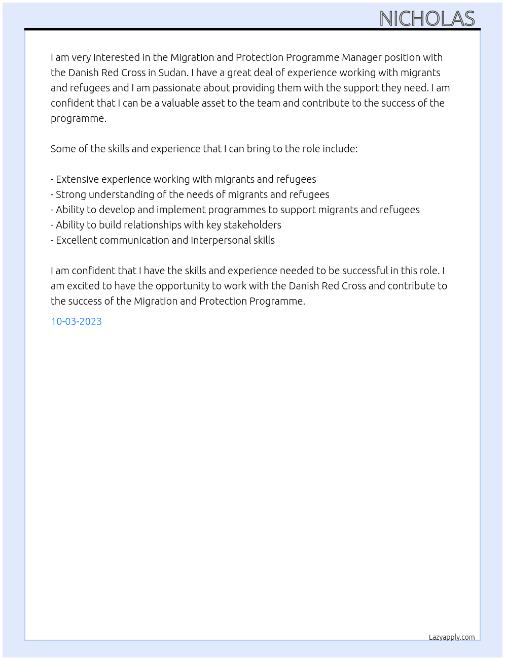 Migration and Protection Programme Manager- Sudan At Danish Red Cross Cover Letter