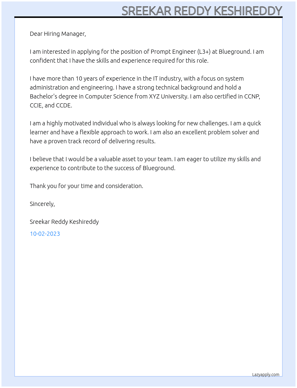 Prompt Engineer (L3+) At Blueground · EMEA  Cover Letter