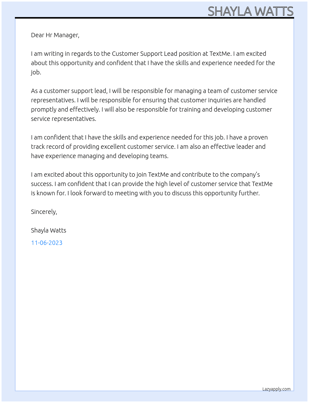 Customer Support Lead At TextMe Cover Letter