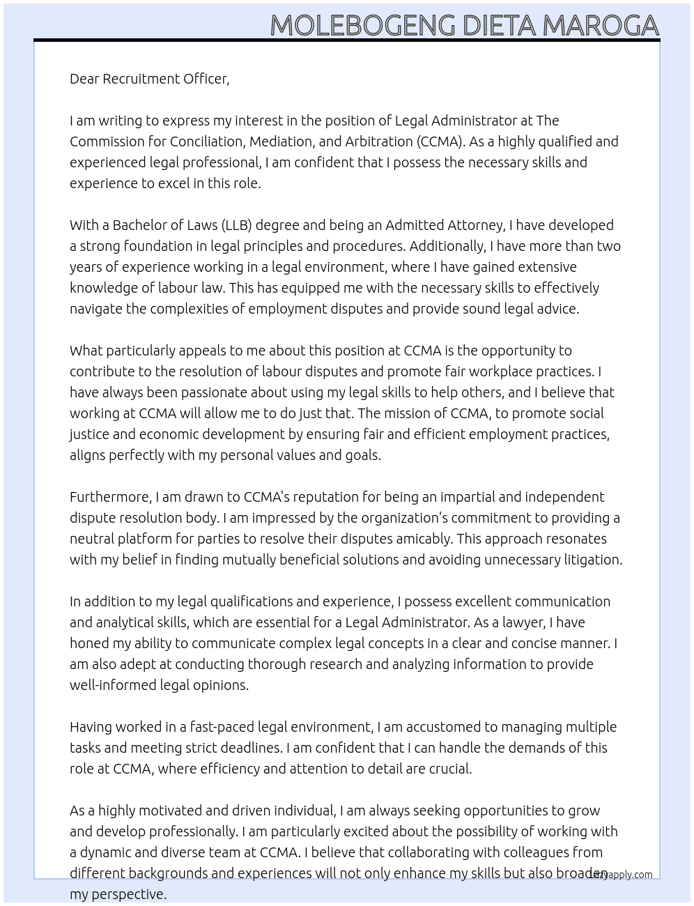 Legal Administrator At The Commission for Conciliation, Mediation and Arbitration (CCMA) Cover Letter