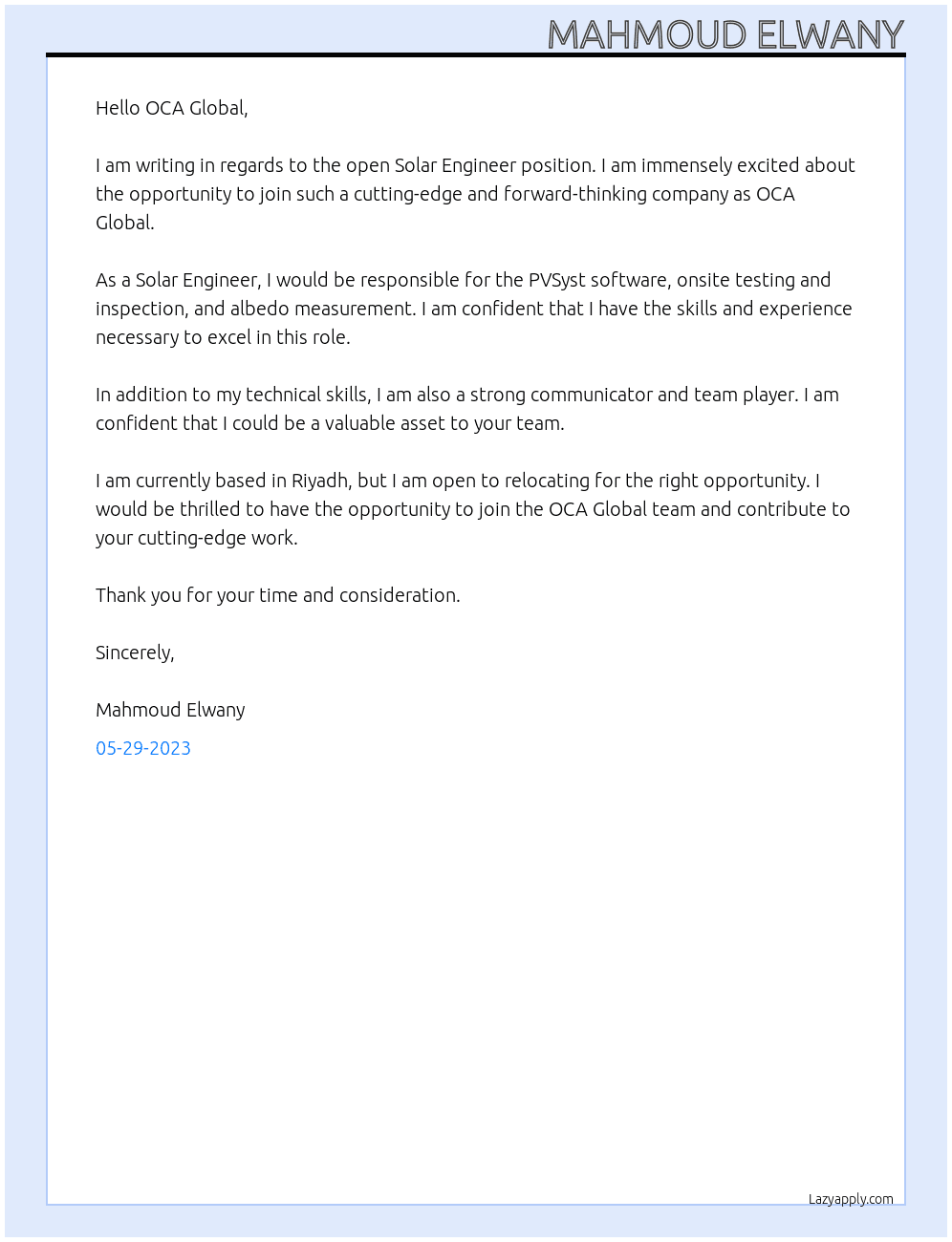 Solar Engineer At OCA Global Cover Letter