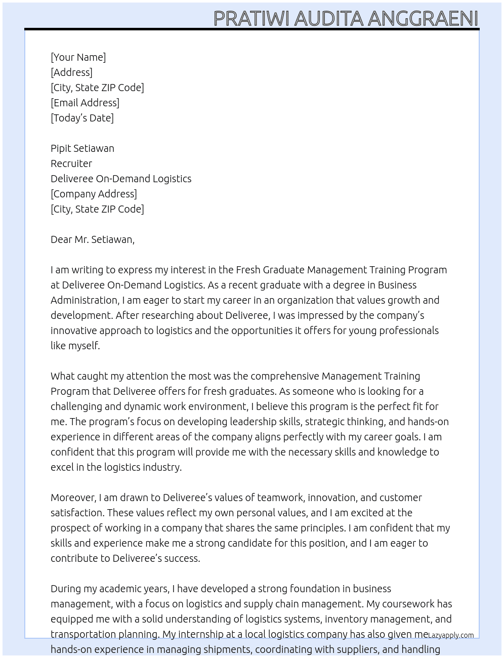 Fresh Graduate Management Training Program At Deliveree On-Demand Logistics Cover Letter