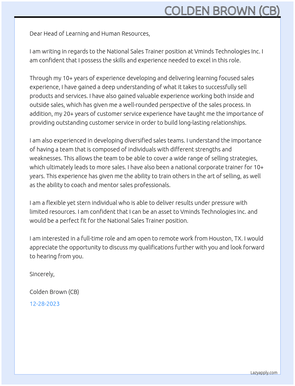 National Sales Trainer At Vminds Technologies Inc Cover Letter