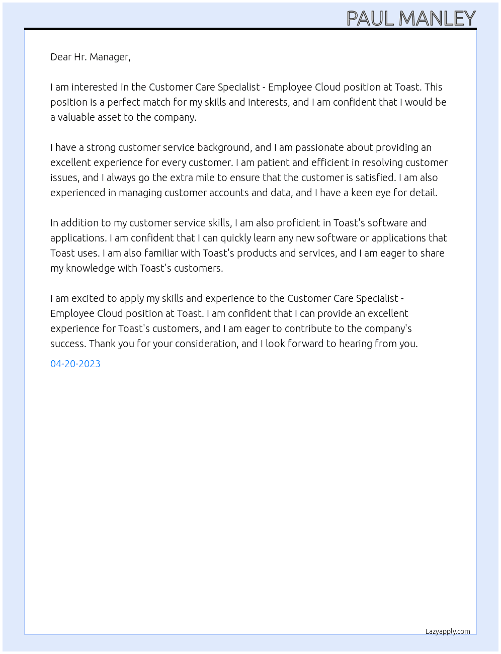 Customer Care Specialist - Employee Cloud At Toast Cover Letter