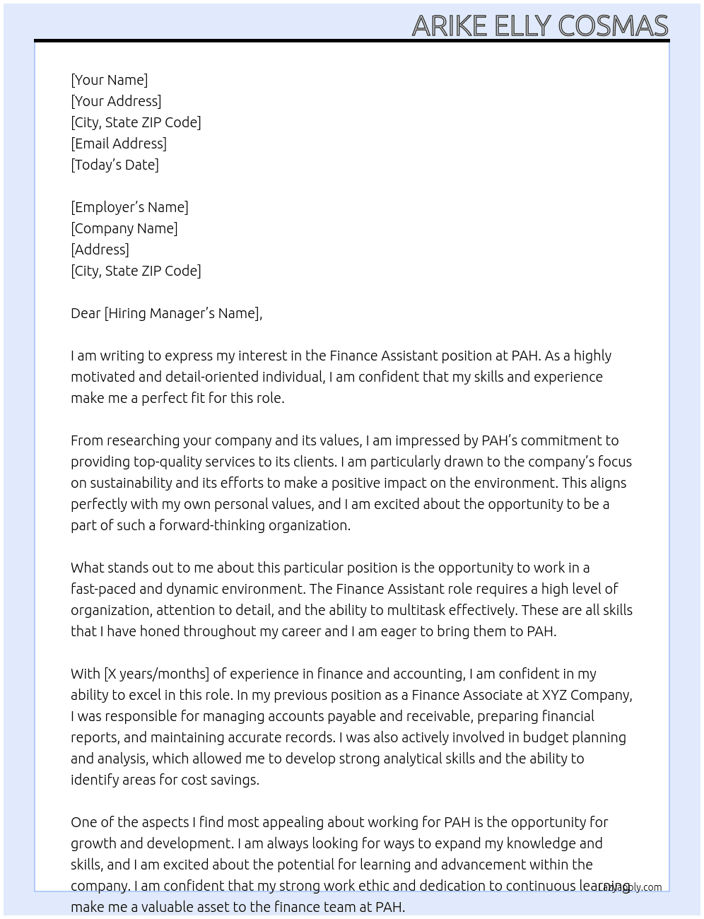 Finance Assistant At PAH Cover Letter
