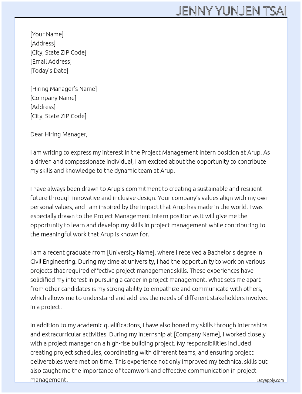 Project Management Intern At Arup Cover Letter
