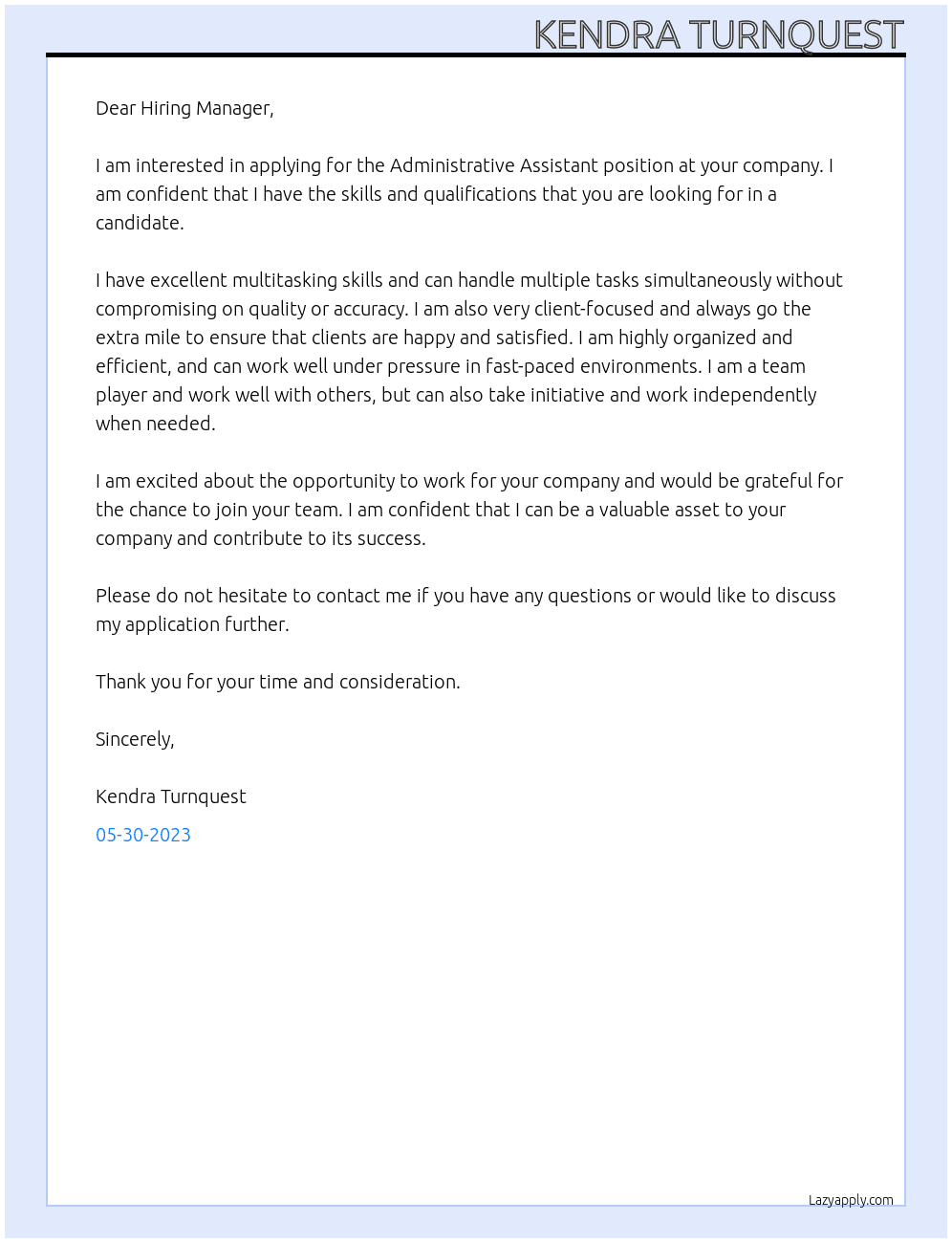 Administrative Assistant At you company Cover Letter