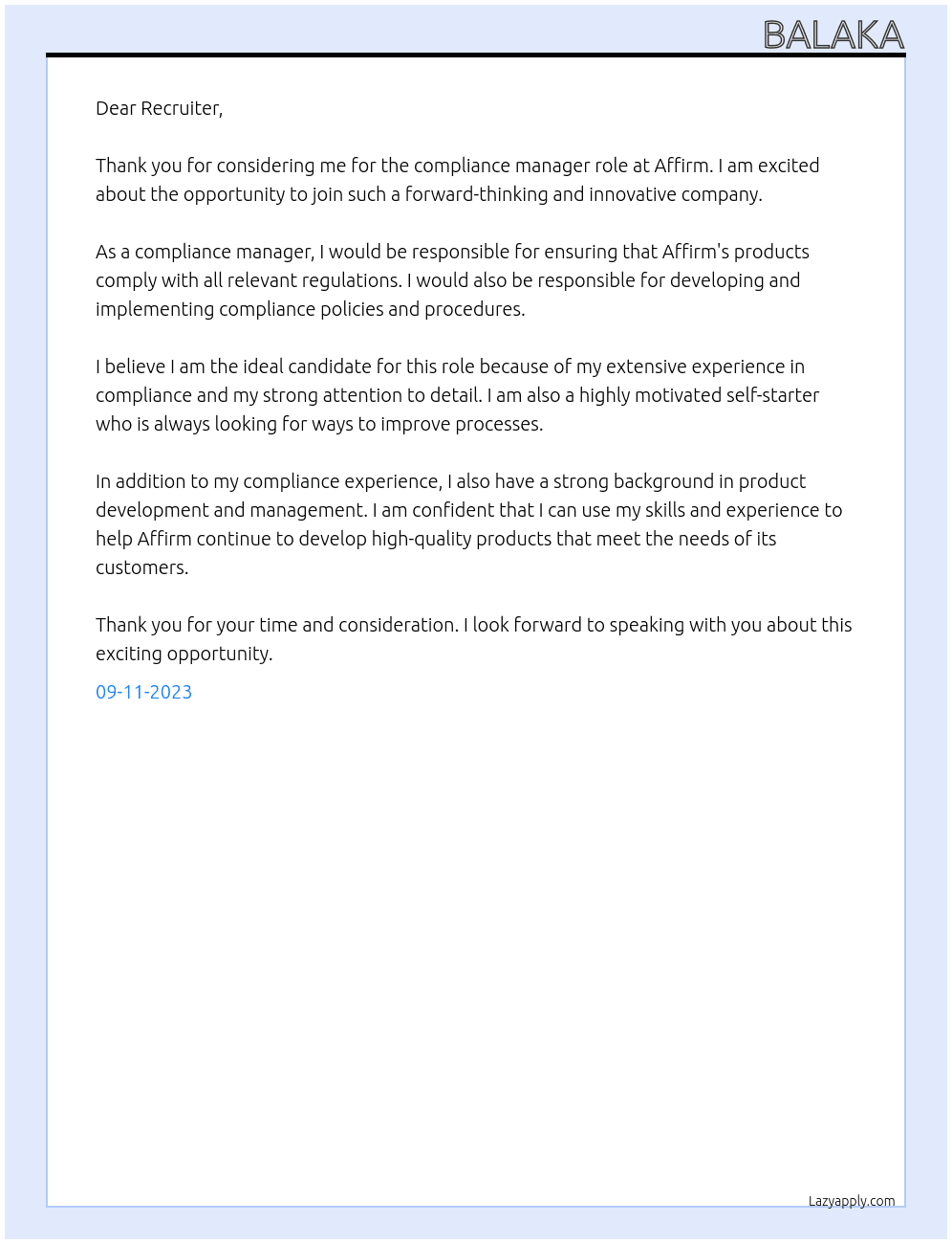 Compliance Manager, Product Compliance At Affirm Cover Letter