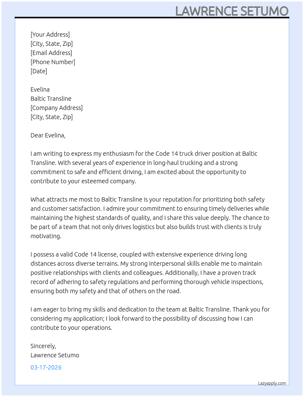 Cover letter for code 14 truck driver - LazyApply