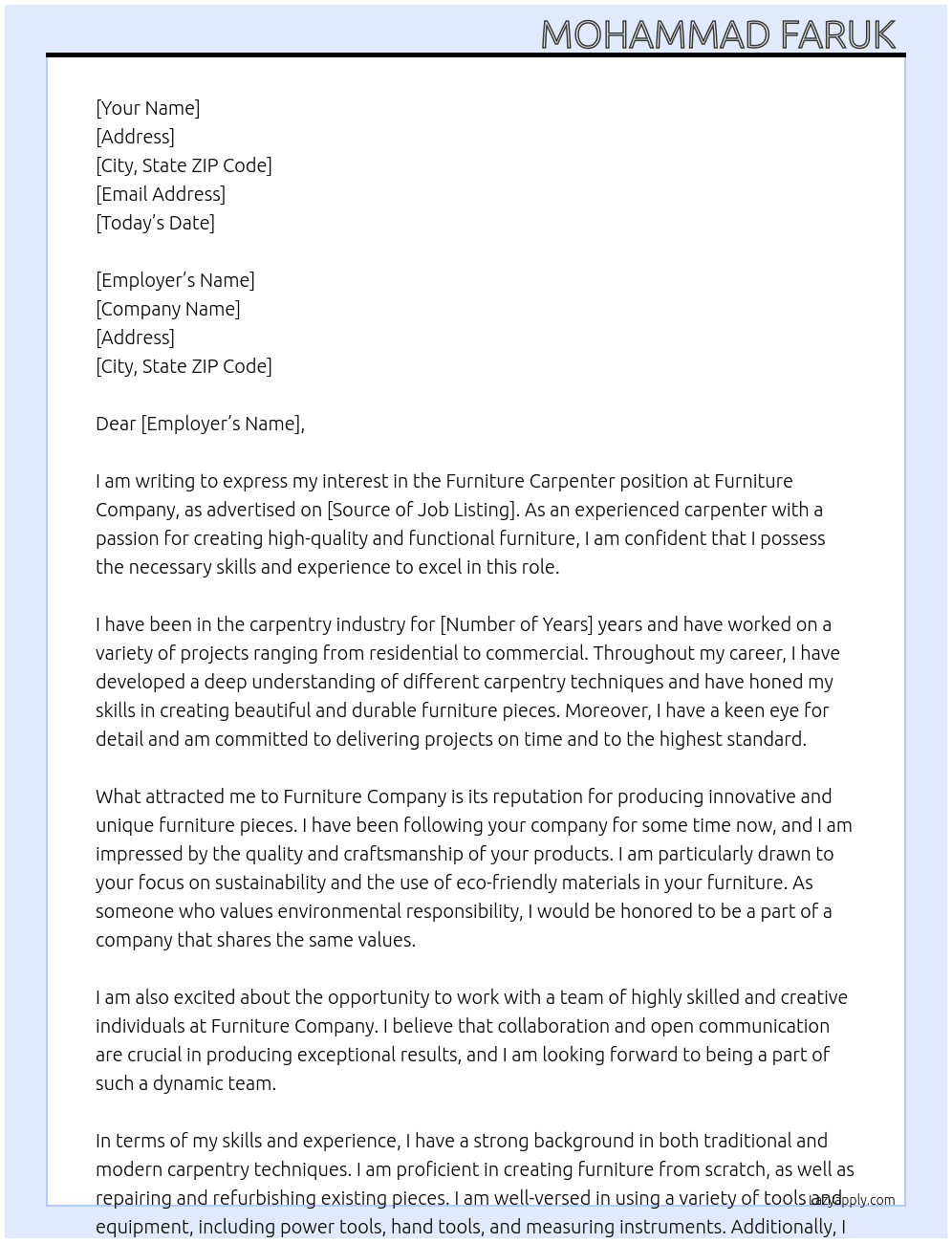 Furniture carpenter At Furniture company  Cover Letter