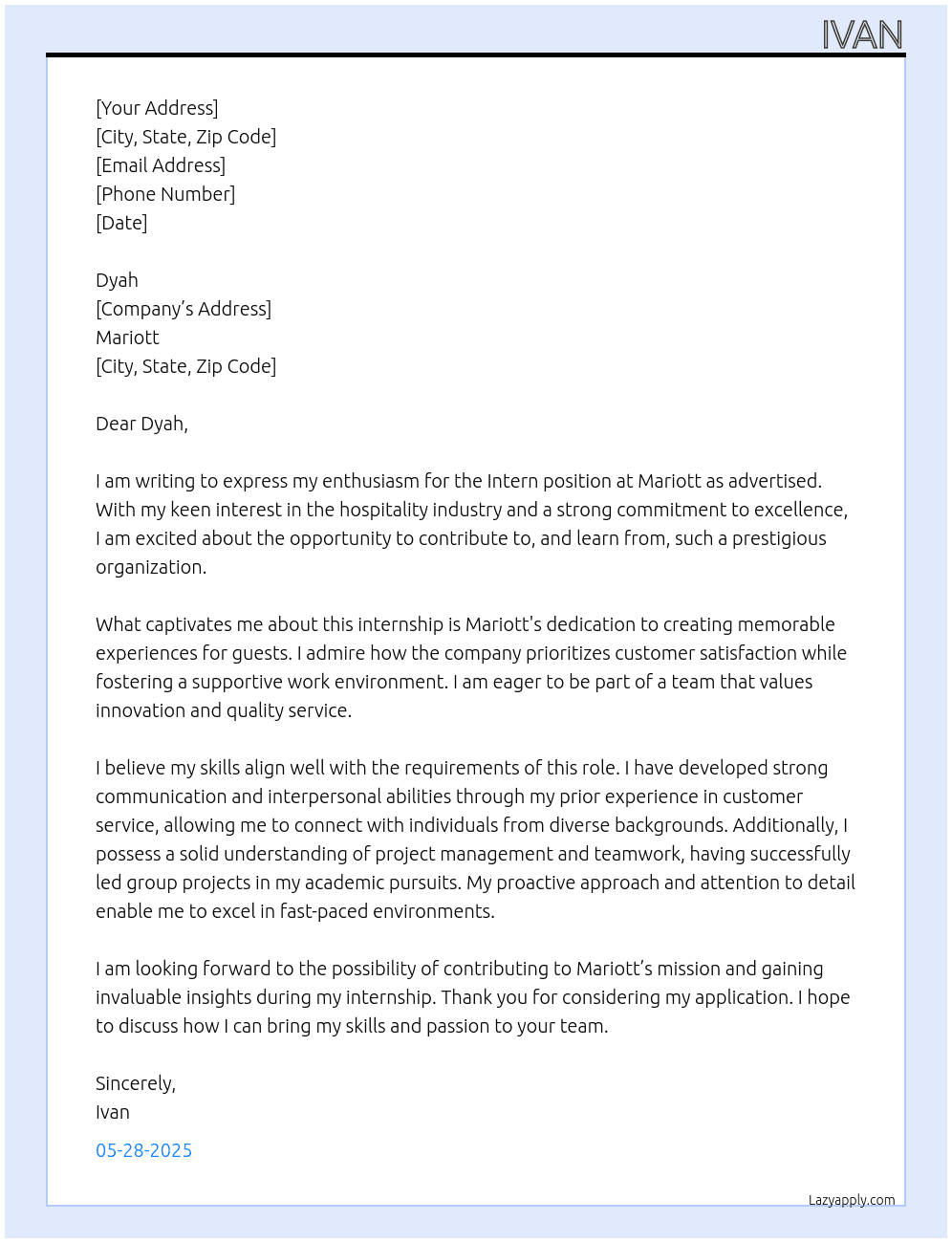 Intern At Mariott Cover Letter