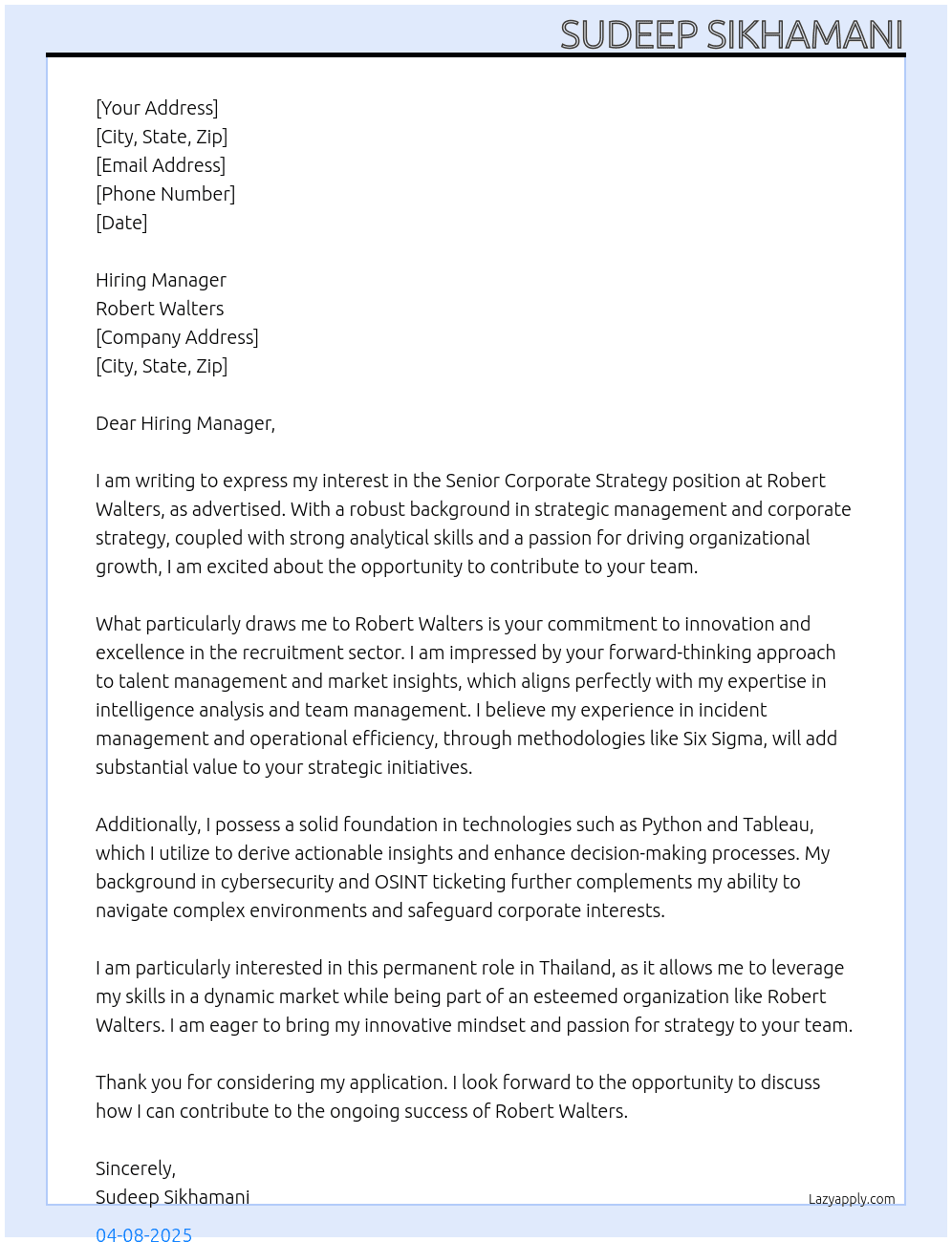 Senior Corporate Strategy Position At Robert Walters Cover Letter