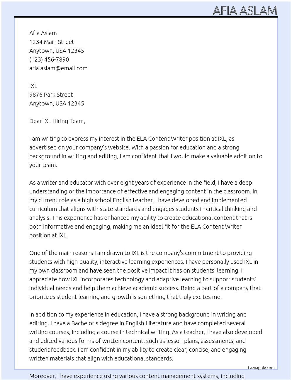 ELA content writer At IXL  Cover Letter