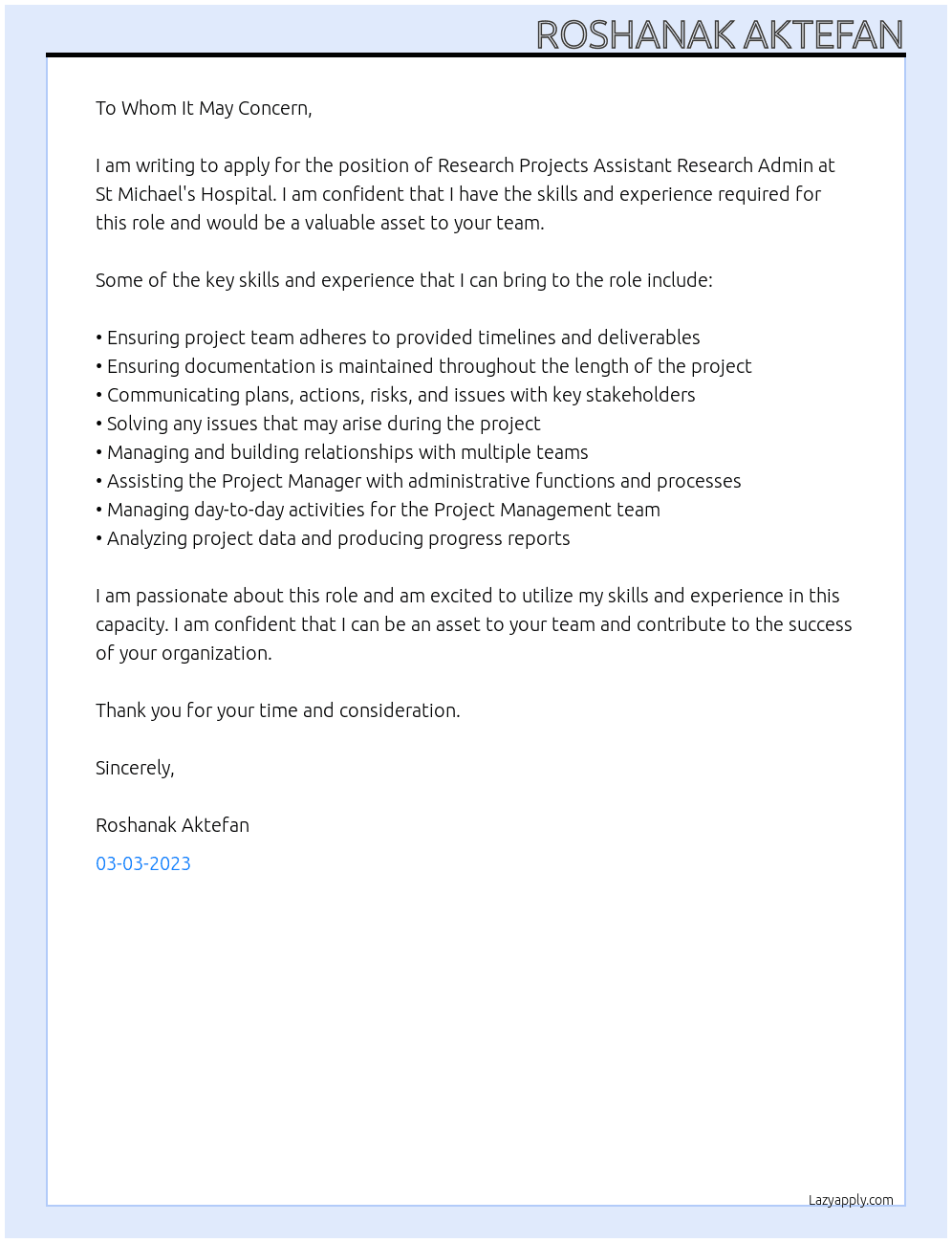 Research Projects Assistant Research Admin  At St Michael's Hospital Cover Letter