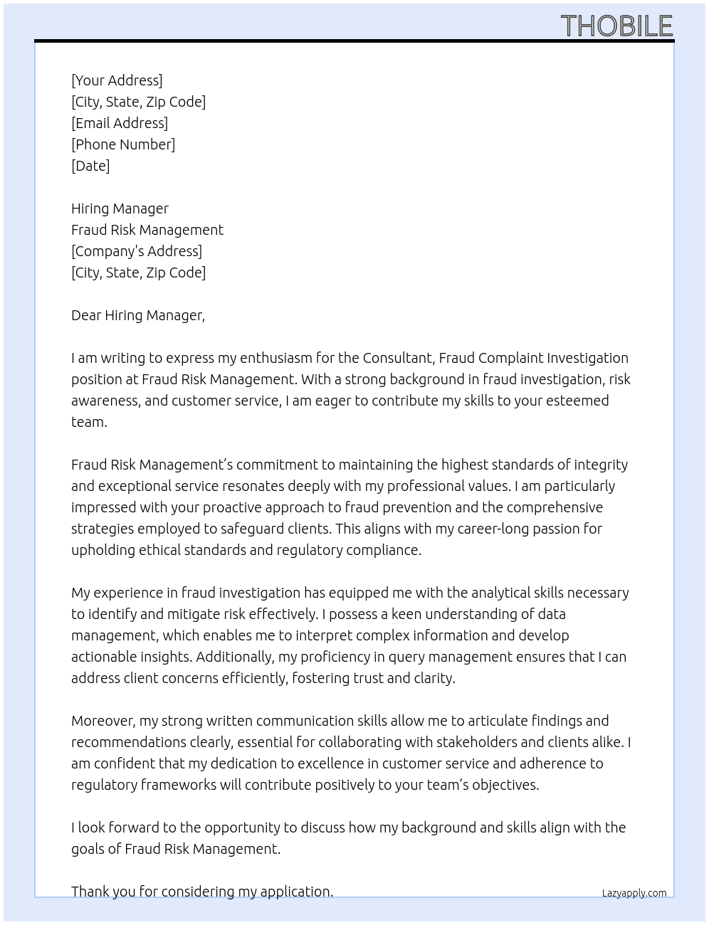 Consultant, Fraud Complaint Investigation At Fraud Risk Management Cover Letter