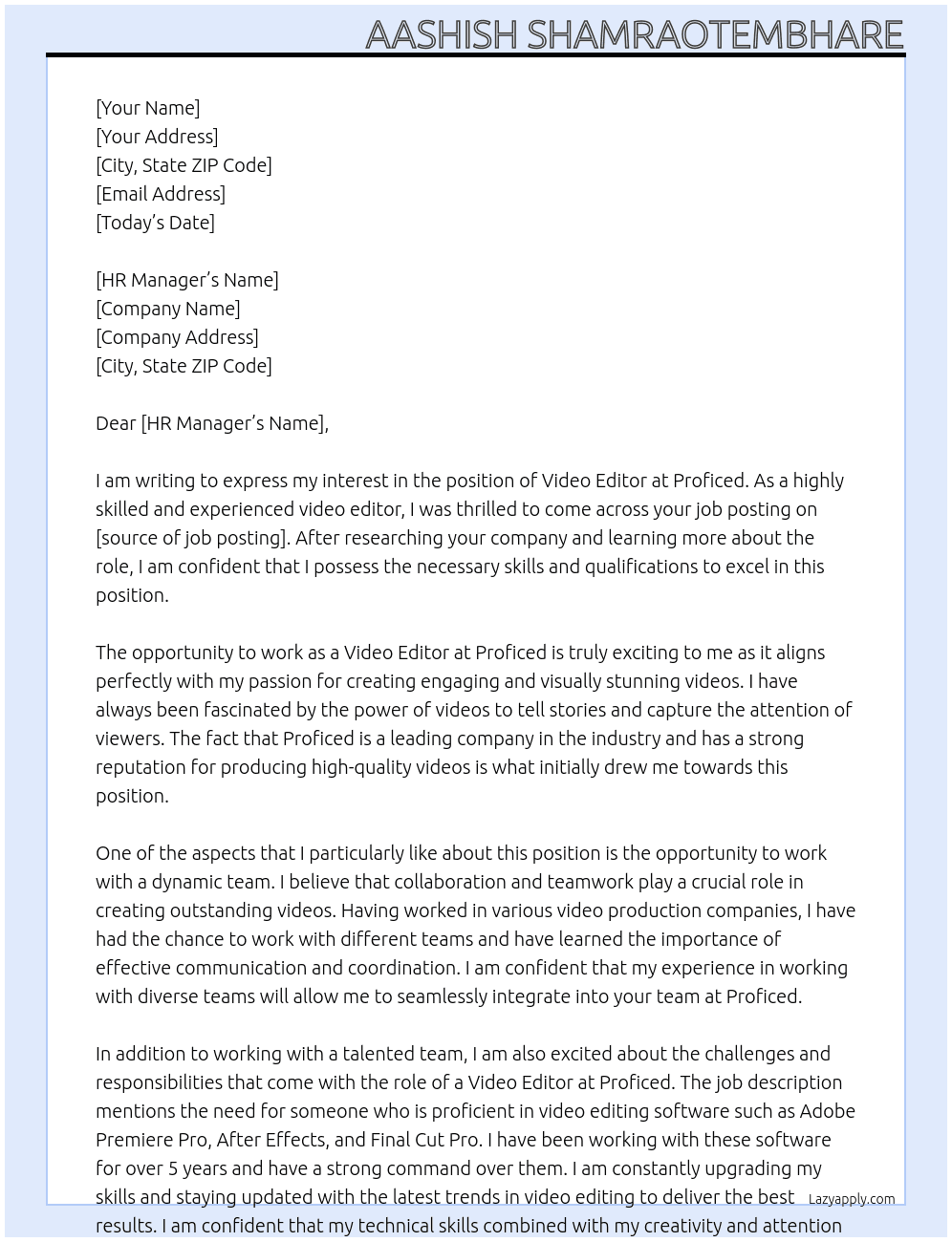 Video Editor At Proficed Cover Letter