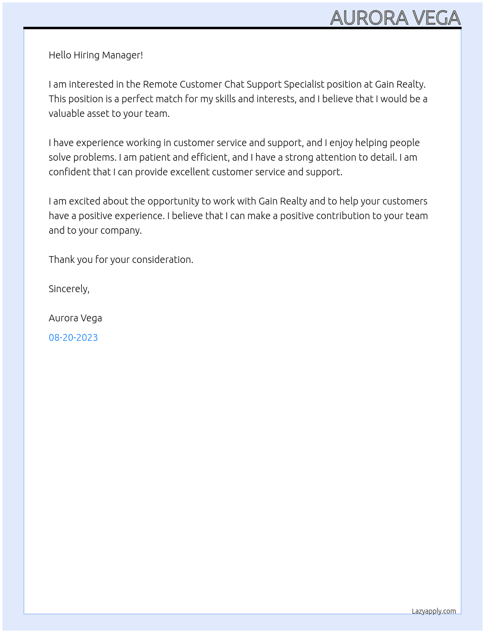 Remote Customer Chat Support Specialist At Gain Realty Cover Letter