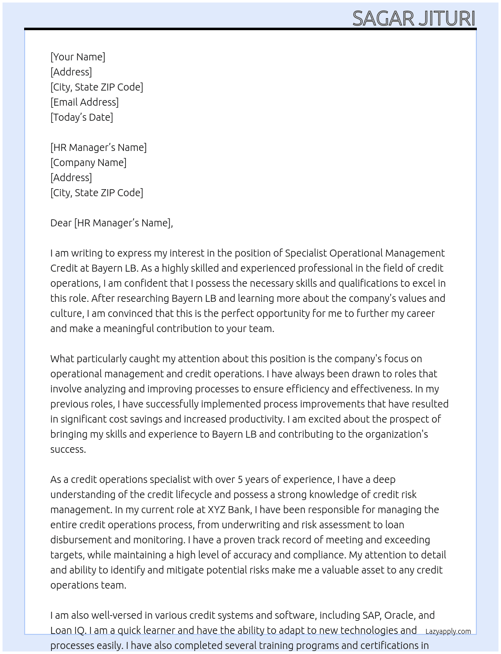 Specialist Operational Management Credit At Bayern LB Cover Letter