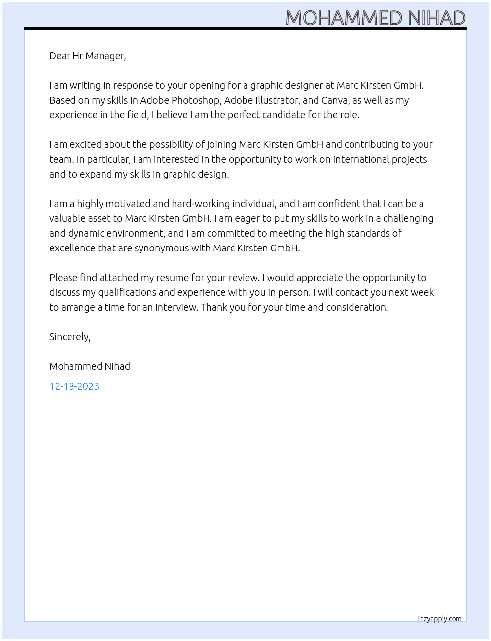 Graphic designer At Marc Kirsten GmbH Cover Letter