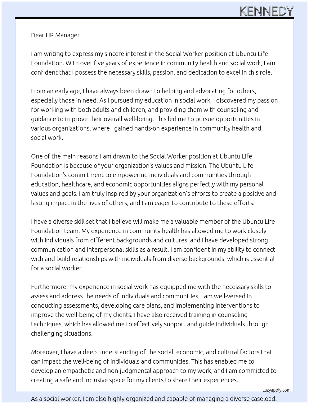 Social worker At Ubuntu Life Foundation Cover Letter