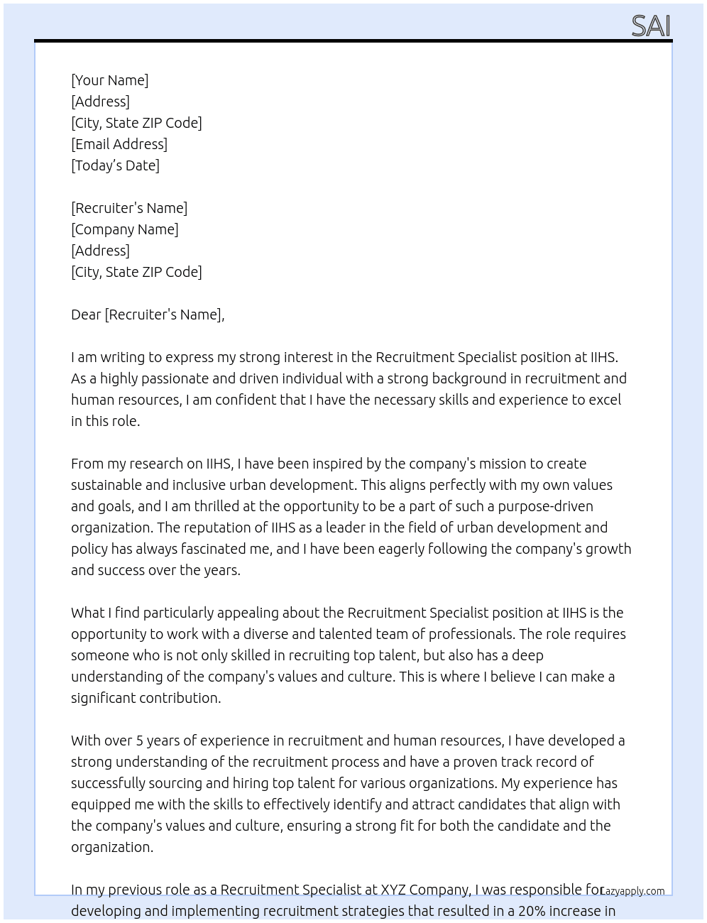 Recruitment Specialist At IIHS Cover Letter