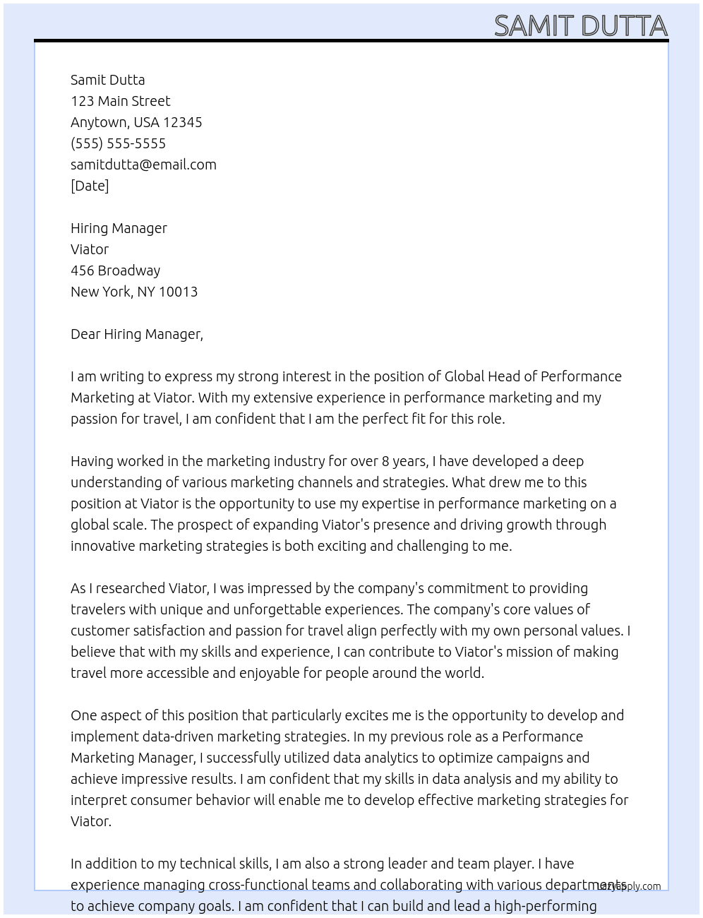Global Head of Performance Marketing At Viator Cover Letter