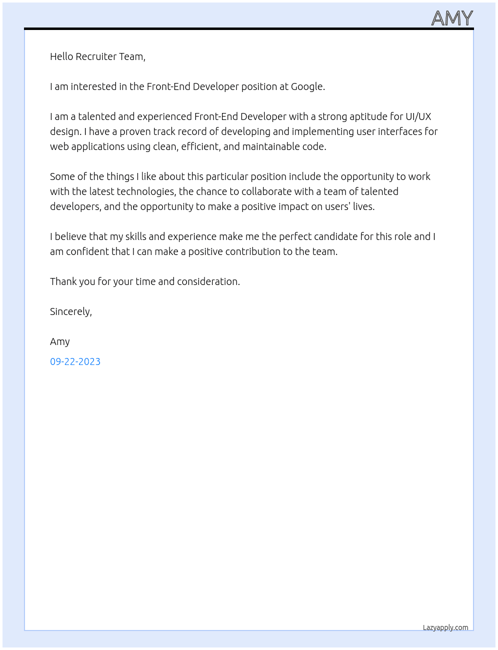 Front-end developer At goolgle Cover Letter