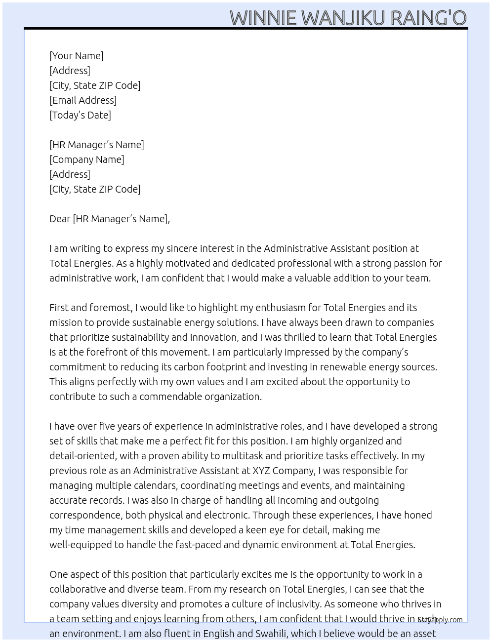 Administartive Assistant At Total Energies Cover Letter