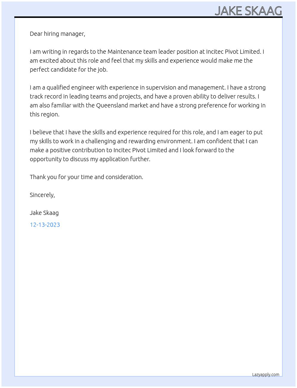 Maintenance team leader At Incitec Pivot Limited Cover Letter