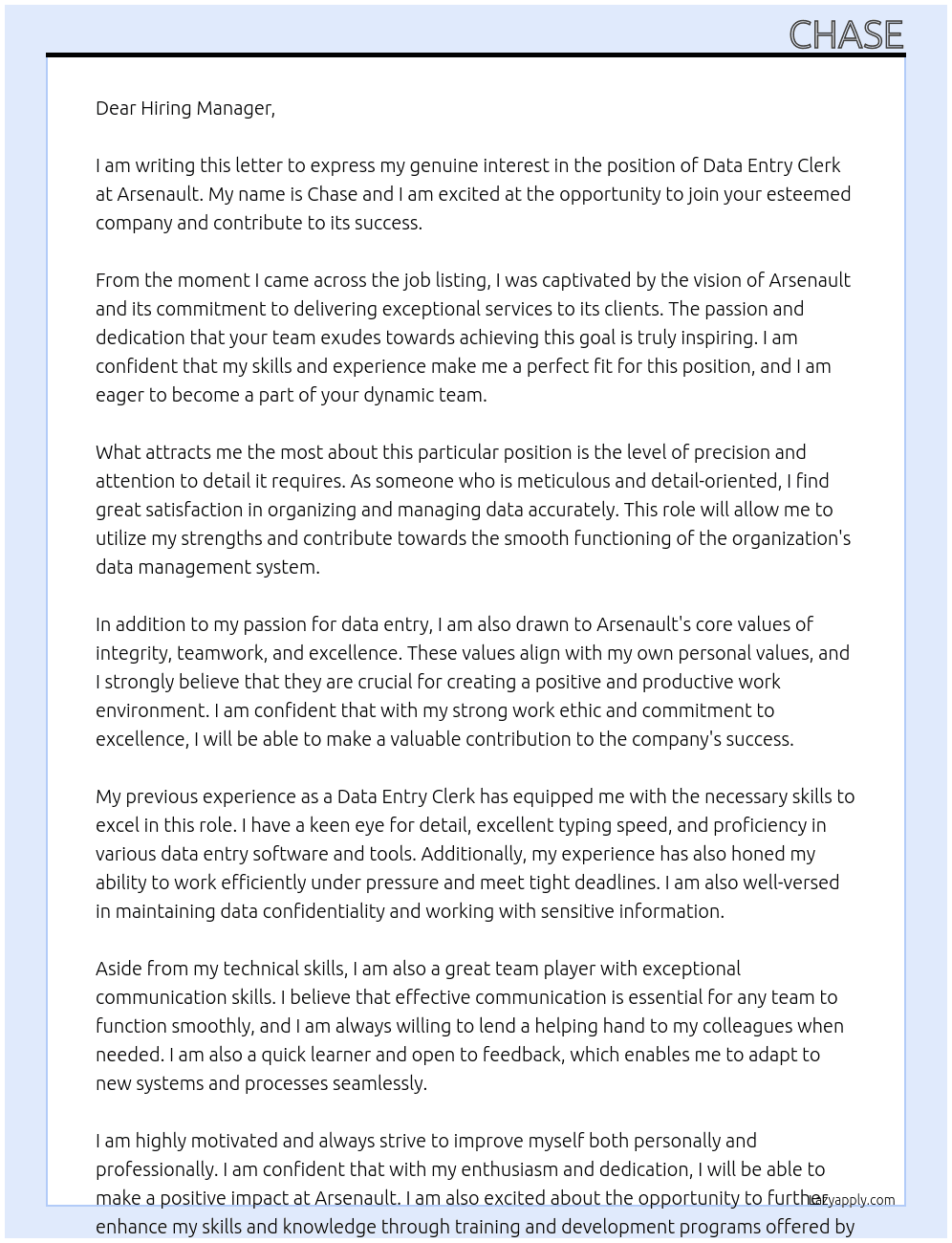 Data Entry Clerk At Arsenault Cover Letter