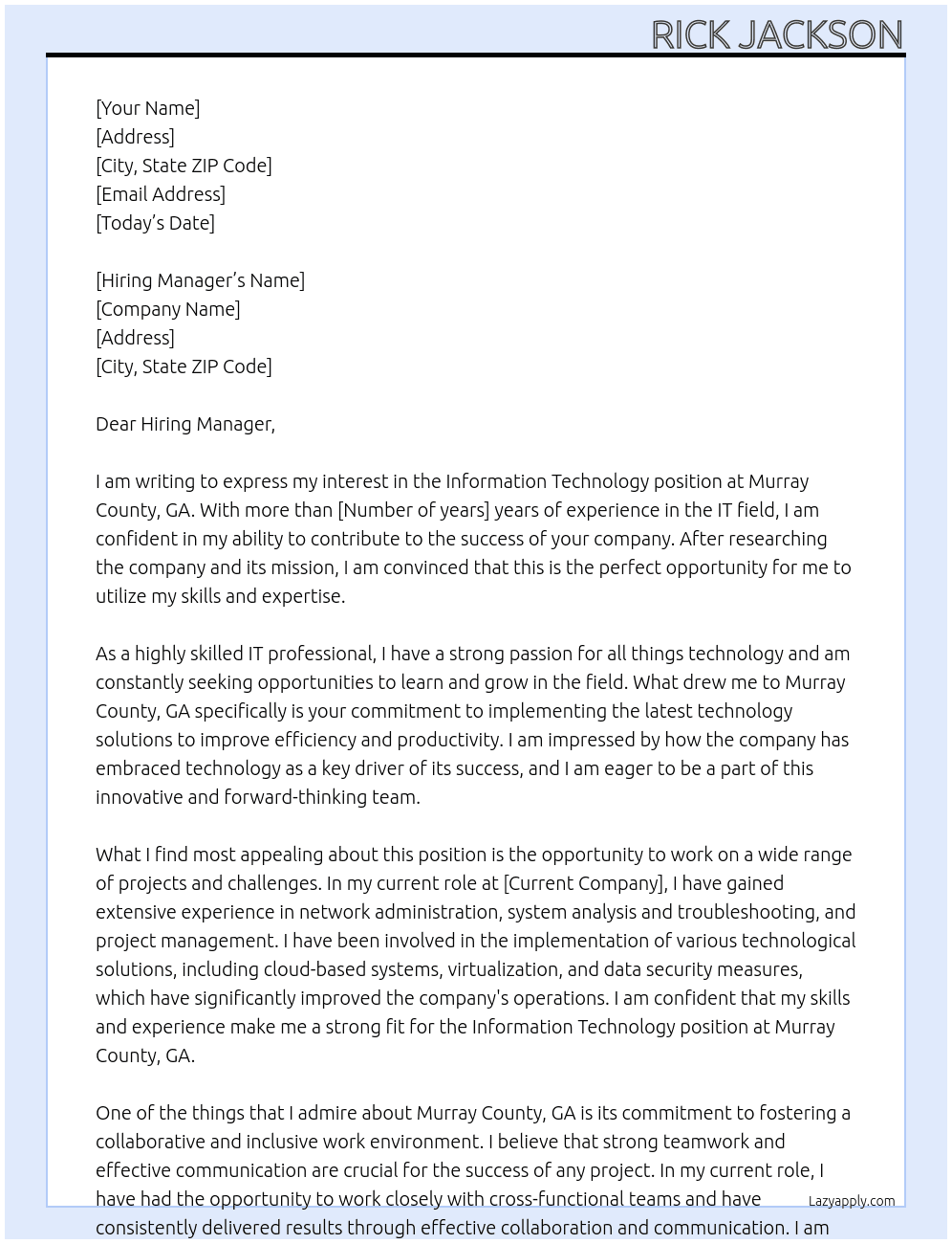 Information Technology At Murray County, GA Cover Letter
