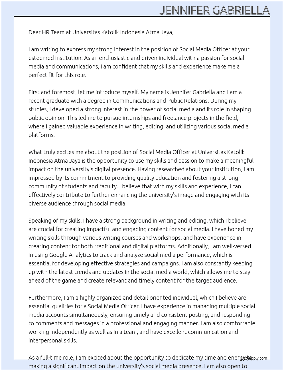 social media officer At Universitas Katolik Indonesia Atma Jaya  Cover Letter