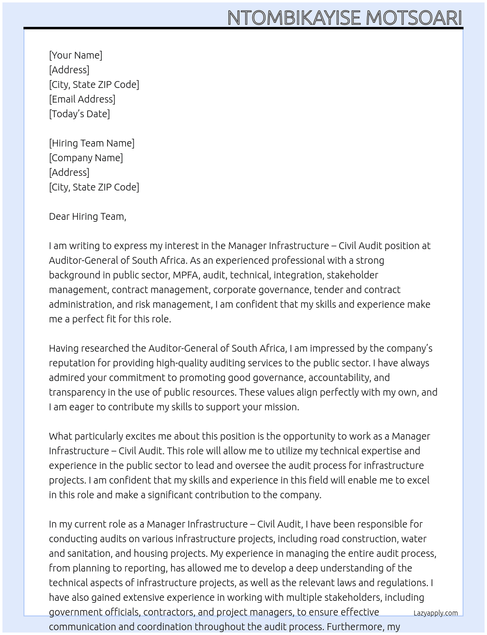 Manager infrastructure -Civil Audit At Auditor-General of South Africa Cover Letter