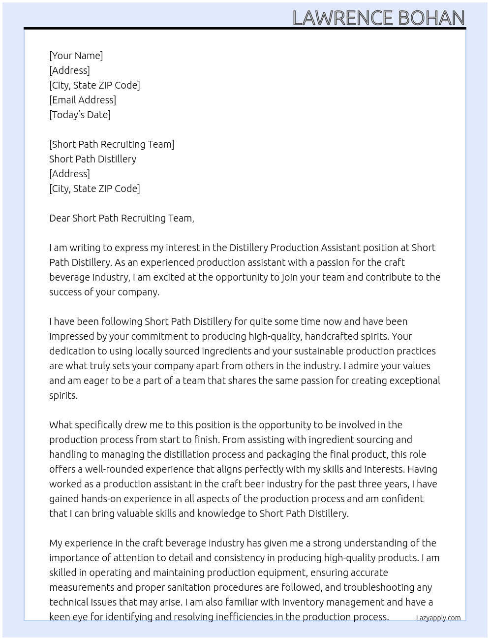 Distillery Production Assistant At Short Path Distillery Cover Letter