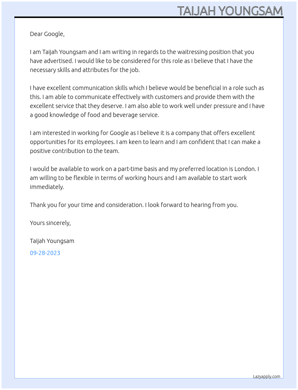 Waitressing At Google Cover Letter