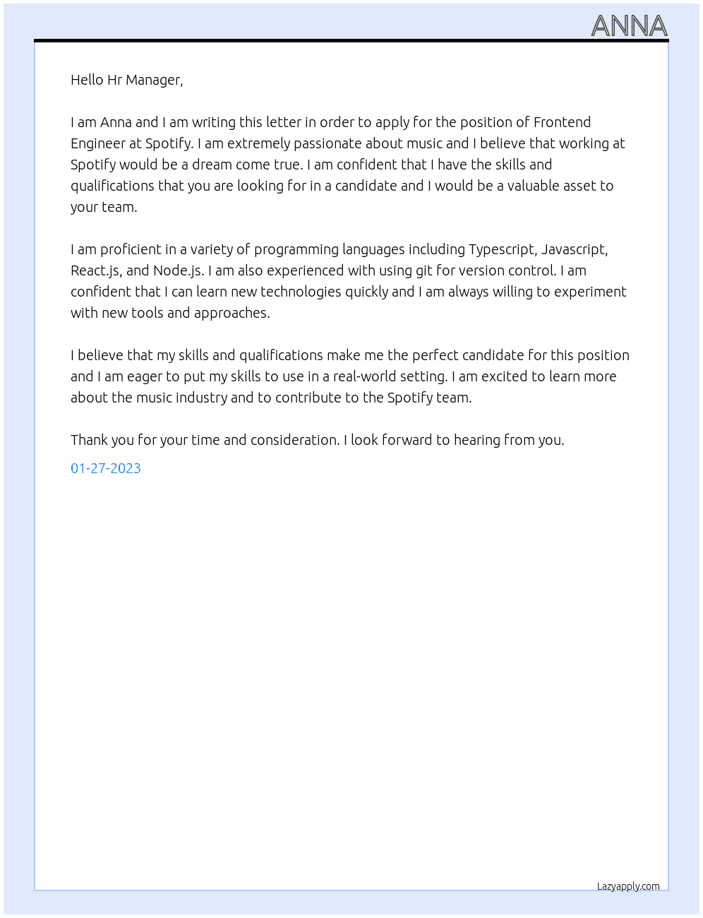 Frontend Engineer At Spotify Cover Letter