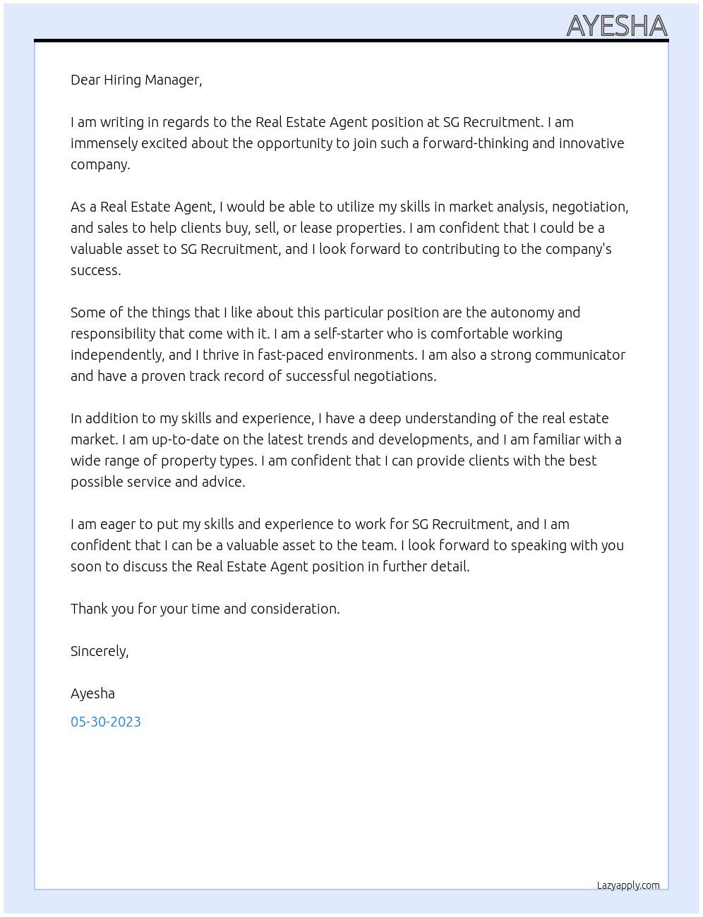 Real estate agent  At Sg recruitment  Cover Letter