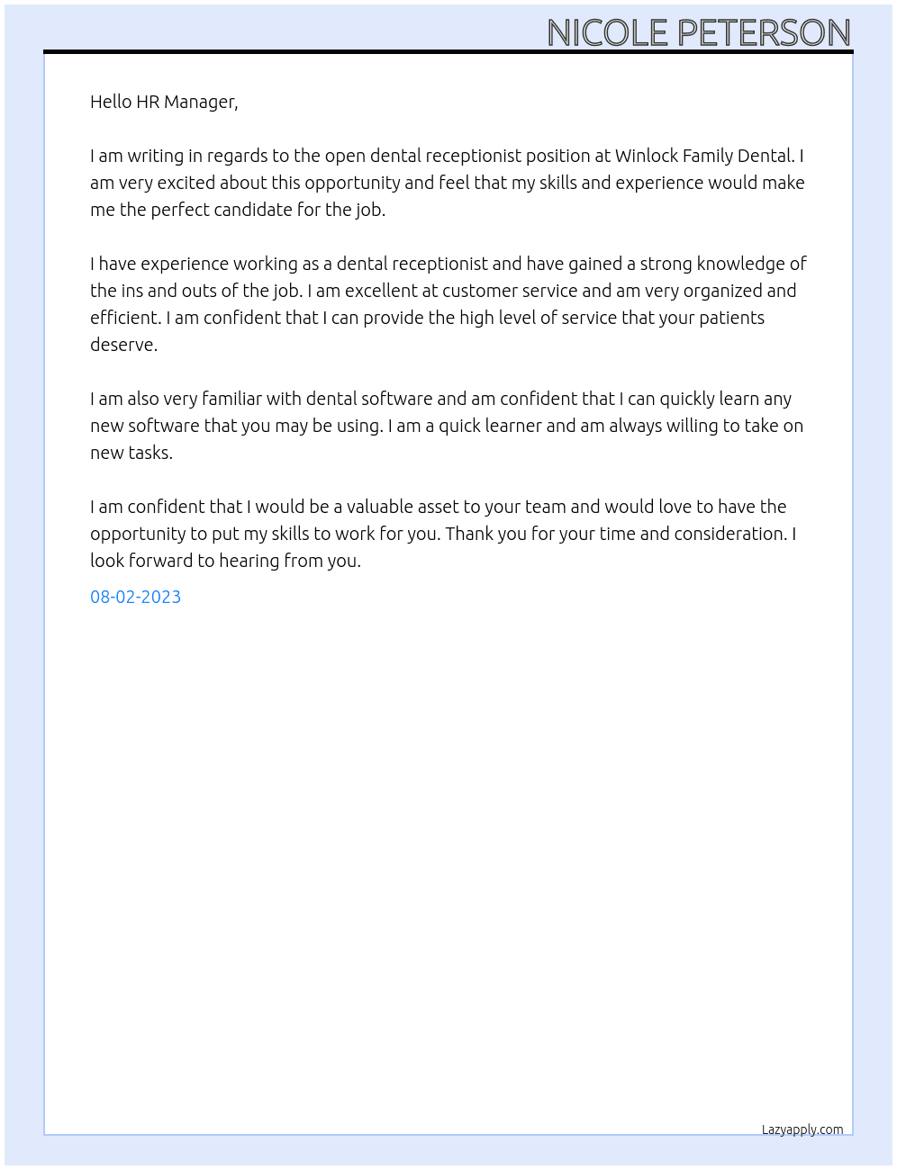 Dental Receptionist  At Winlock Family Dental  Cover Letter