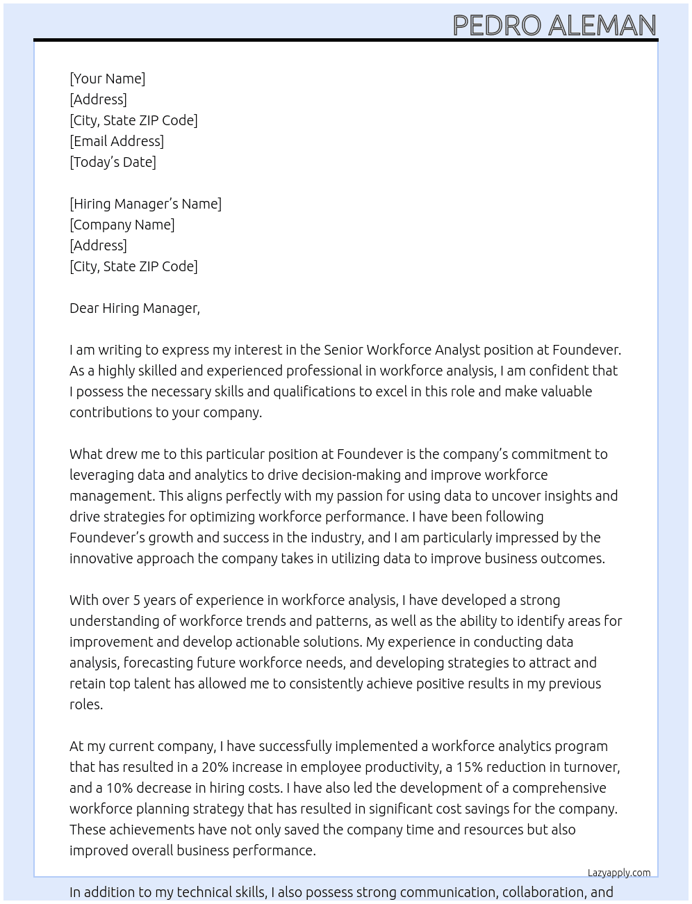 Cover letter for senior workforce analyst - LazyApply