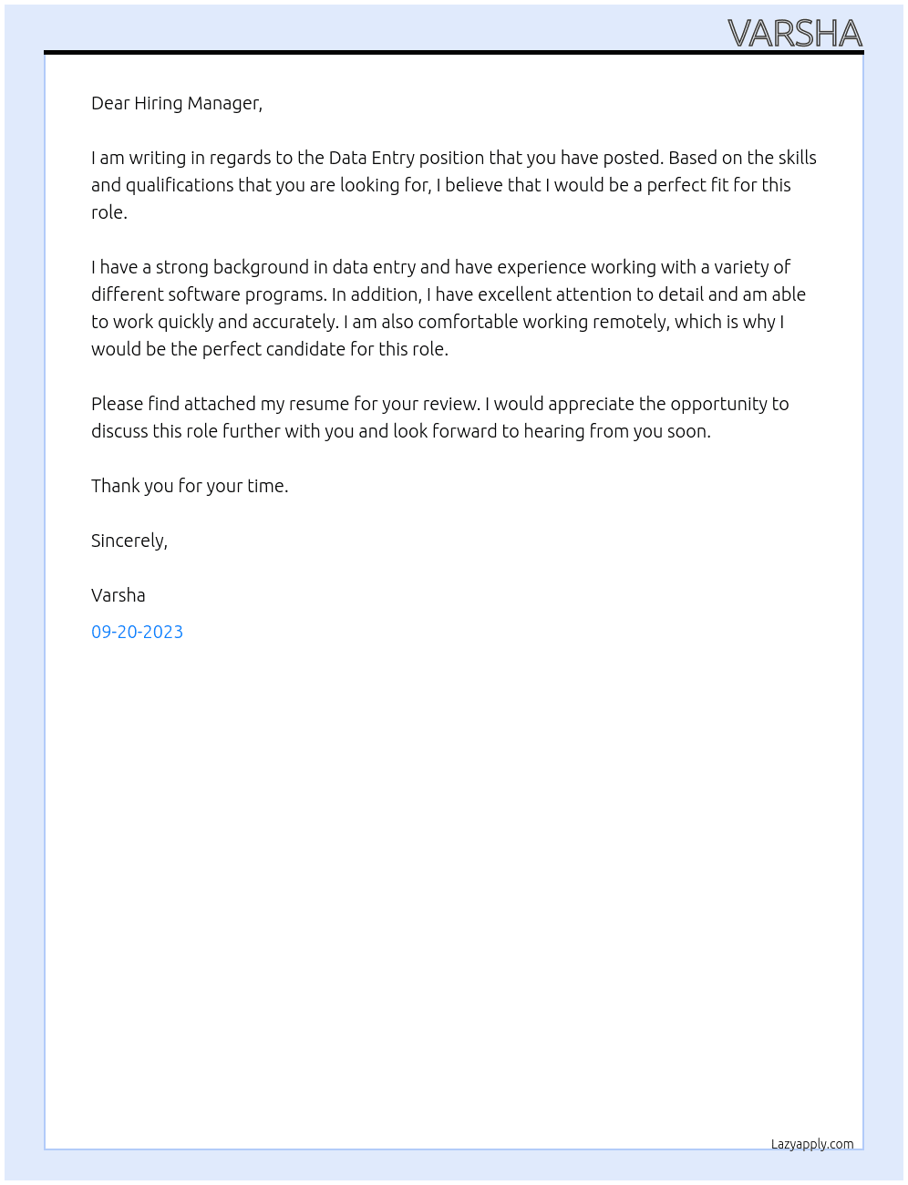 Data entry At MNC Cover Letter