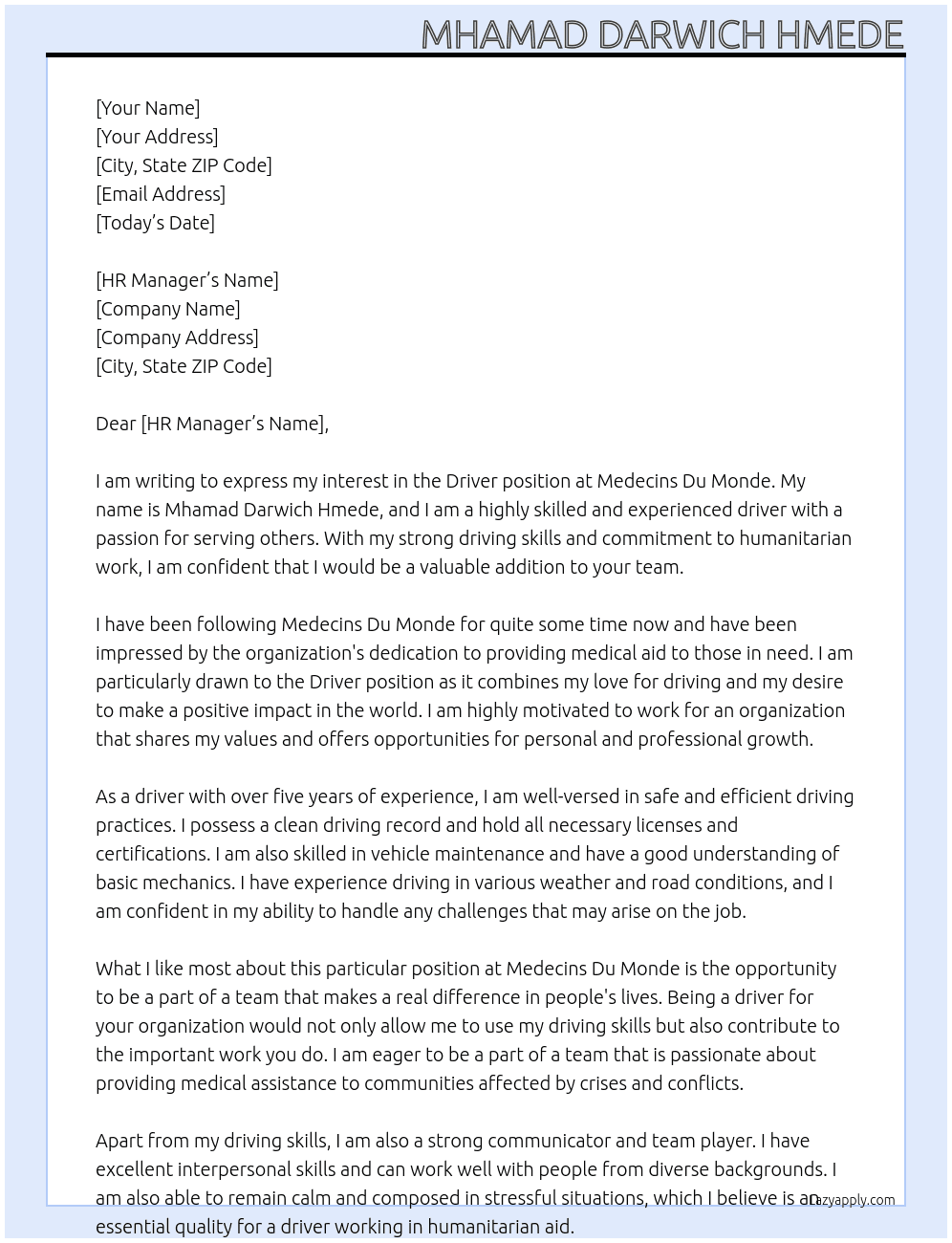 DRIVER At Medecins Du Monde Cover Letter