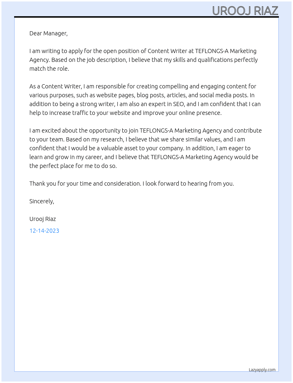 Content writer At TEFLONGS-A Marketing Agency Cover Letter