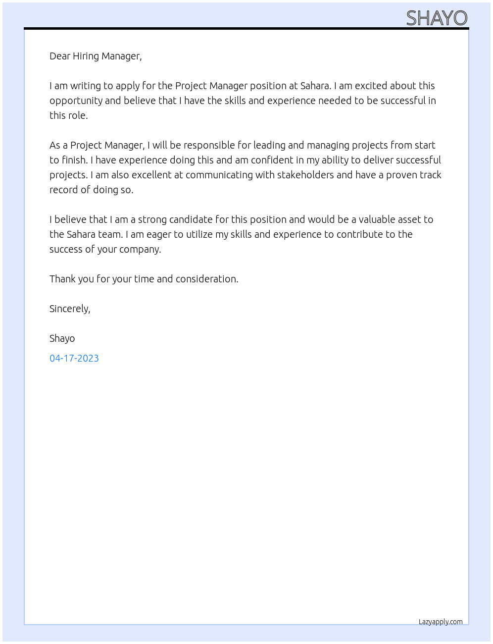 Project Manager At sahara Cover Letter
