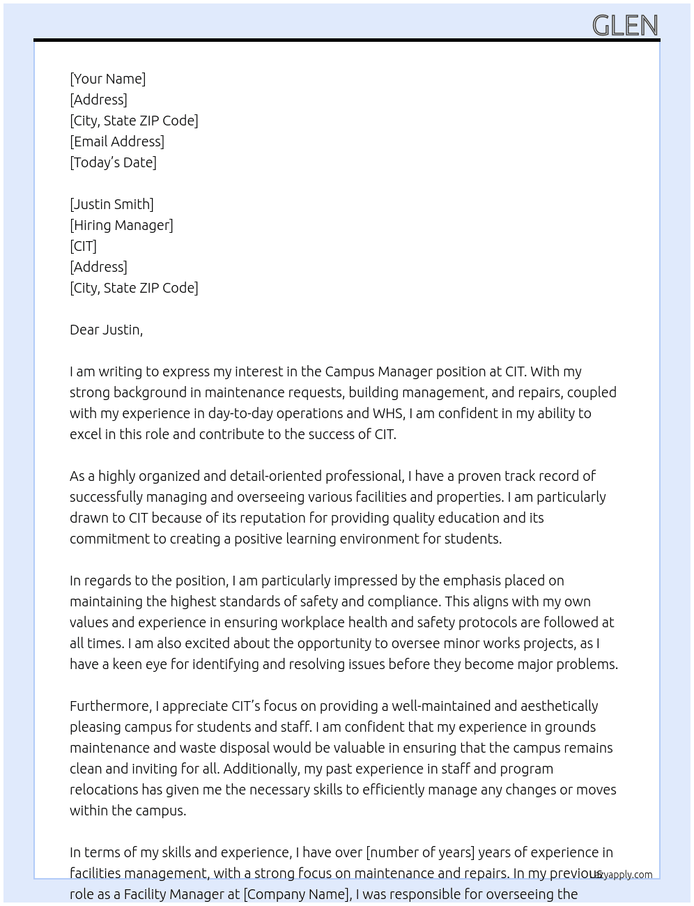 Campus Manager At CIT Cover Letter